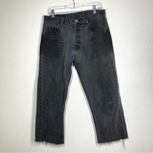 Levi's 501 Washed Baggy Black Distressed Cutt Of Hem 32 High Rise Button Fly - Picture 2 of 16